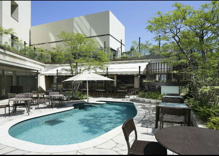 Enjoy the resort-like poolside terrace café